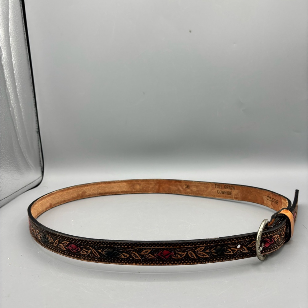 Women’s Hand Carved/ Tooled Floral 1 inch Wide Full grain Cowhide Leather Belt